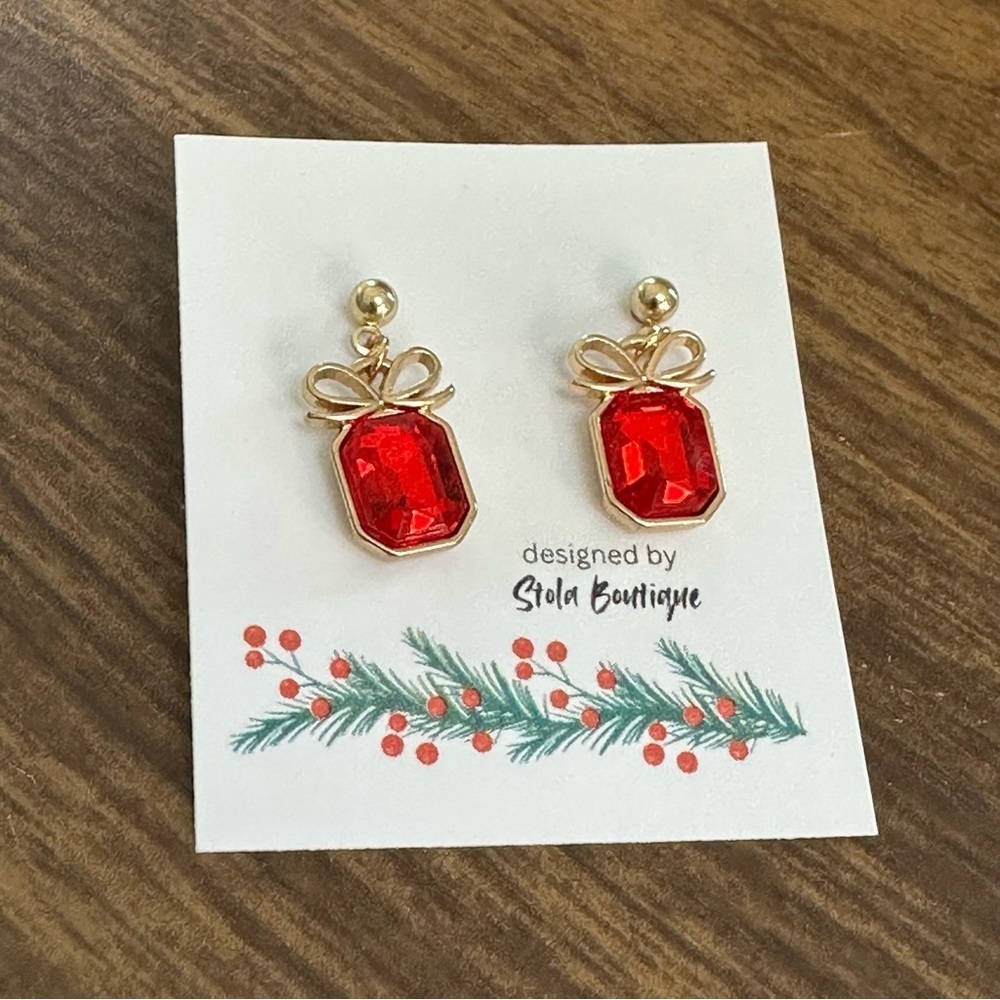 Tiny Present Dangle Earrings, Red with Gold, Christmas Holiday Earrings